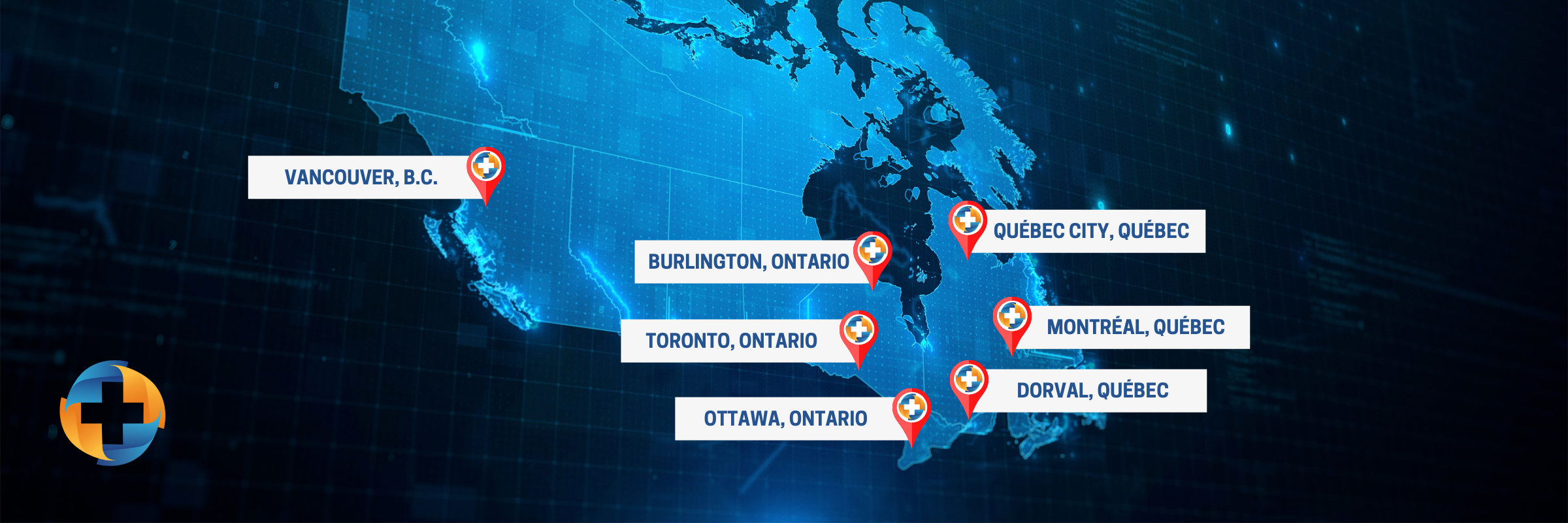 Une carte du Canada en couleur bleue, pointant les sept sites d'Isologic, Vancouver, Burlington, Toronto, Ottawa, Dorval, Montréal, Québec